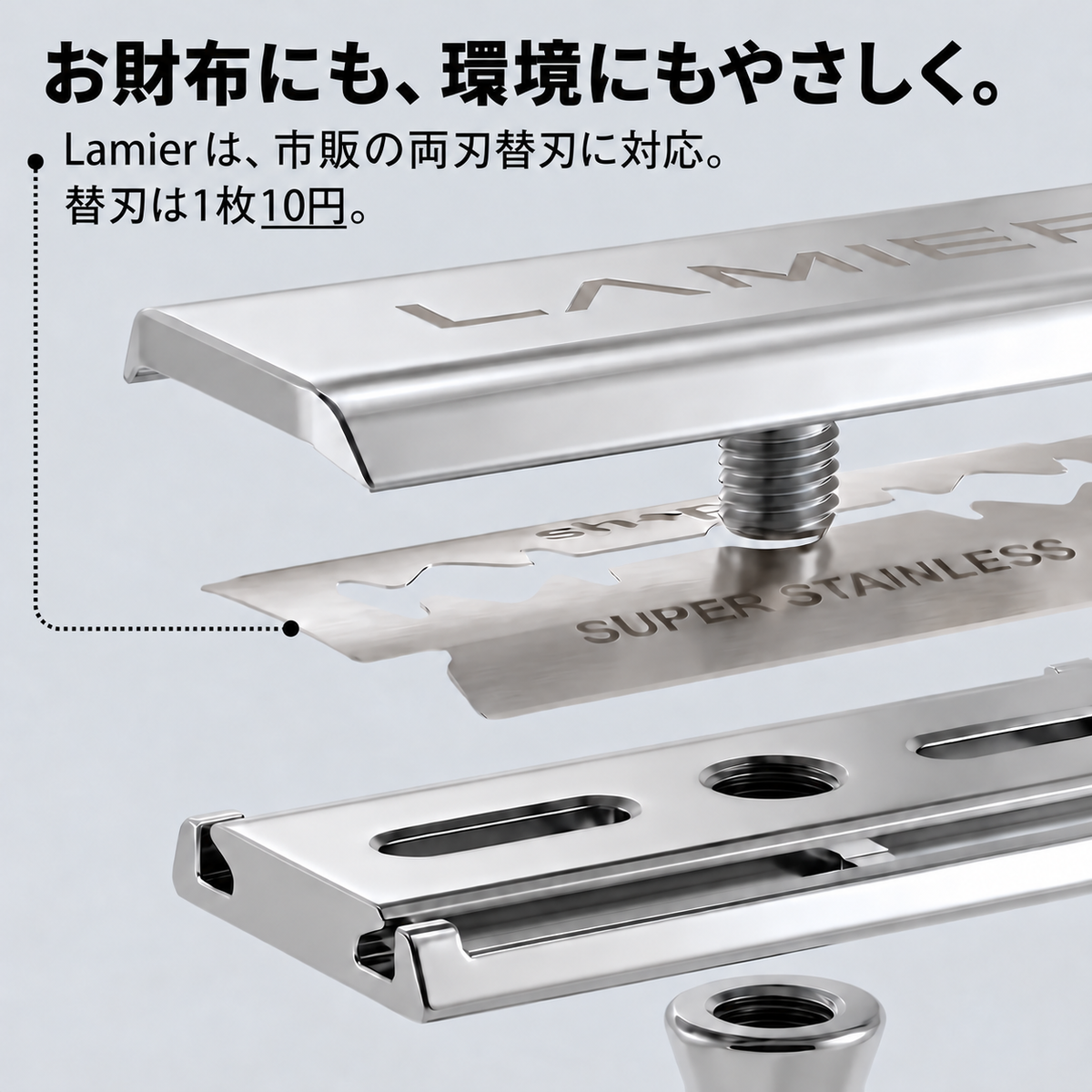 
Lamier。市販の両刃替刃に対応。替刃は1枚10円。